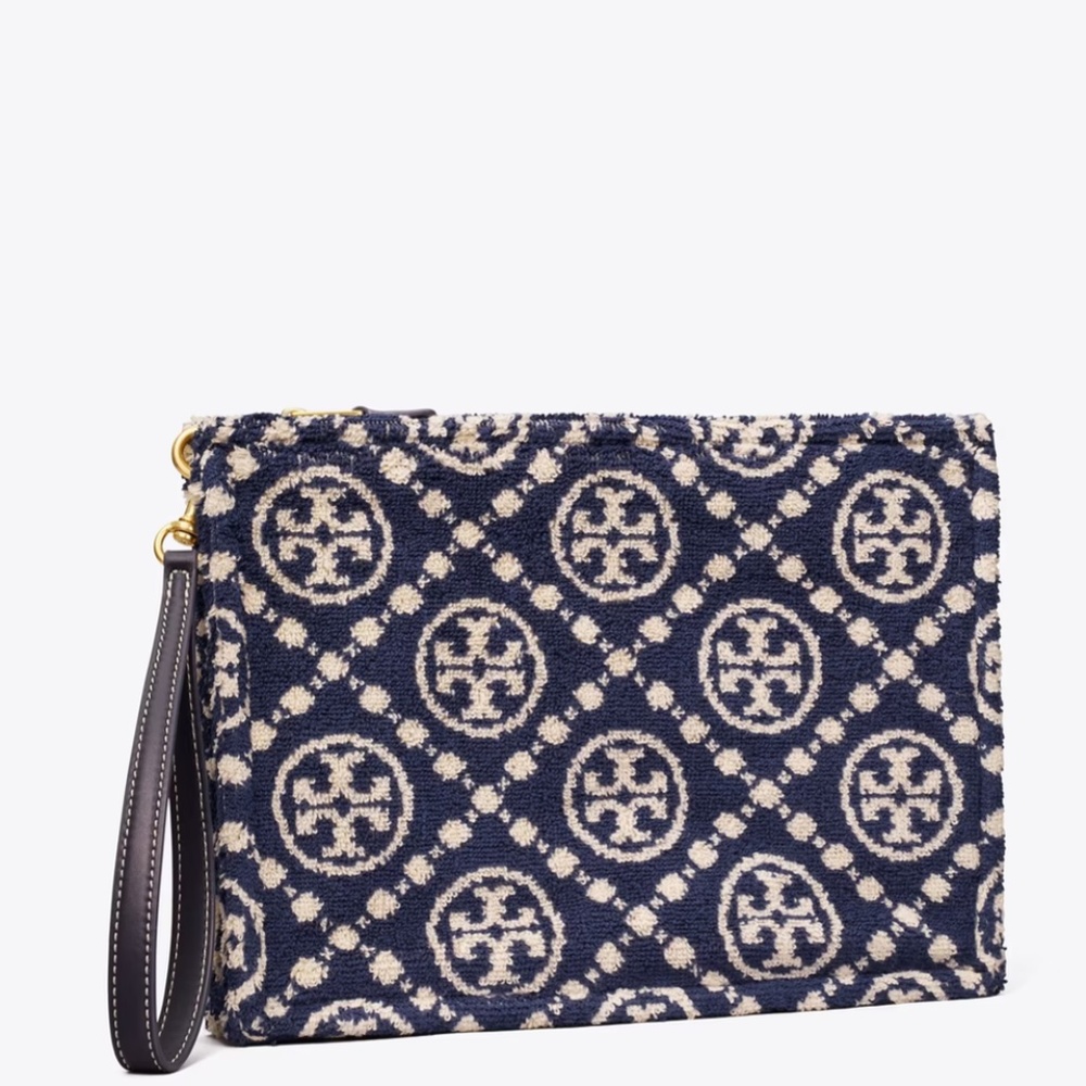 Sold Tory BURCH T MONOGRAM TERRY POUCH NAVY BLUE NEW WITH TAG